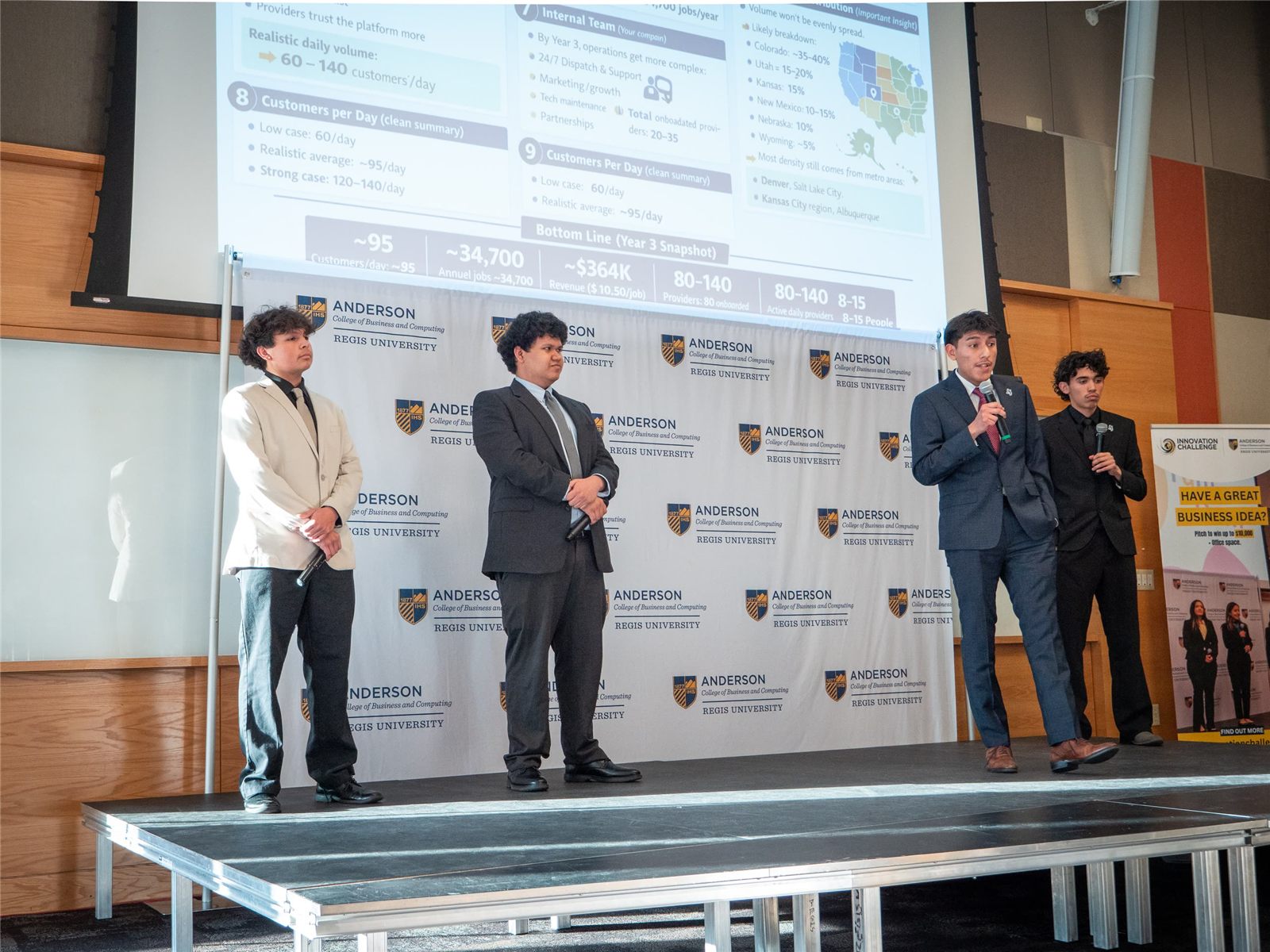 Four Arrupe Jesuit students in suits pitch on stage at Regis in front of the Anderson College backdrop.